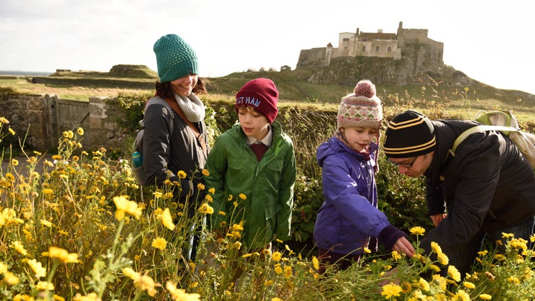 Family looking at flowers in the garden below Lindisfarne Castle, Northumberland